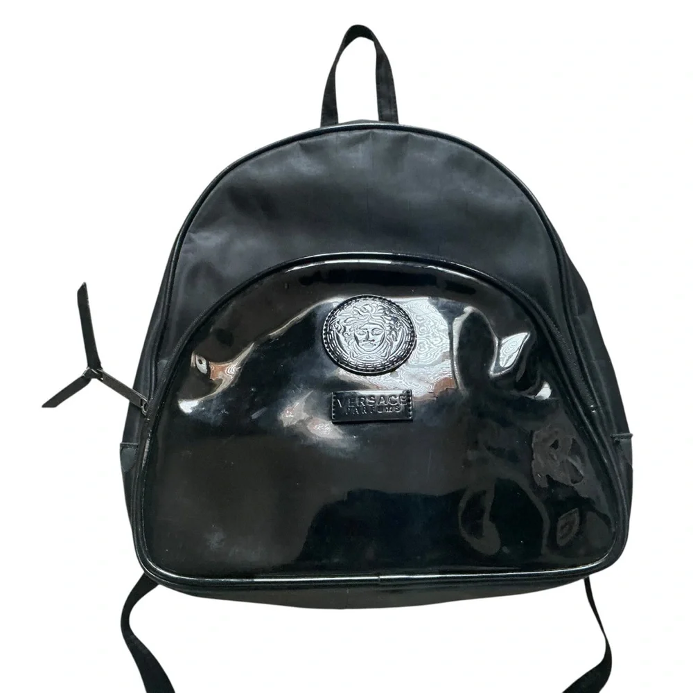 Versace Medusa head black faux patent leather nylon backpack